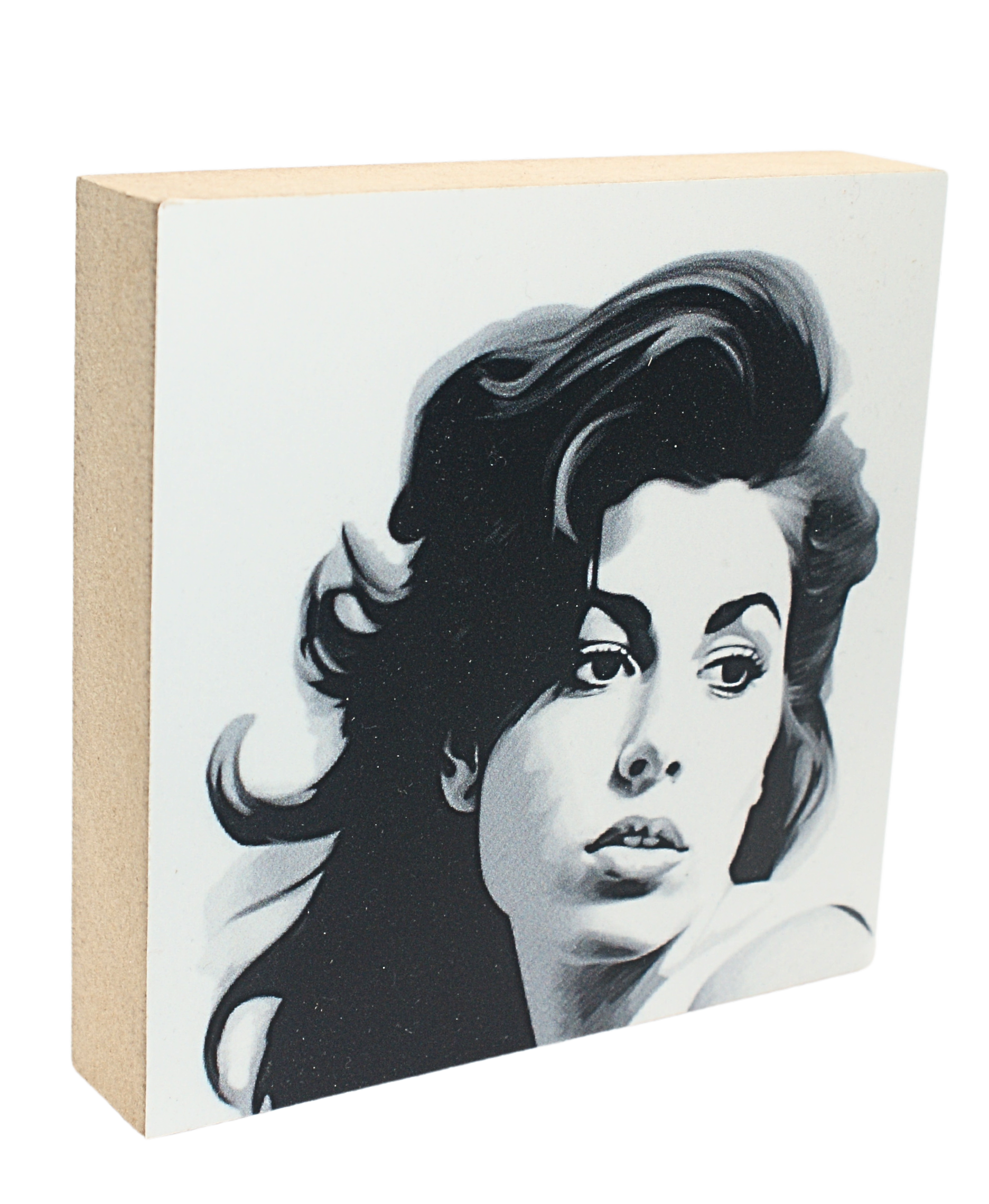 Holzbild 10 x 10 cm mit dem Gesicht von Amy Winehouse