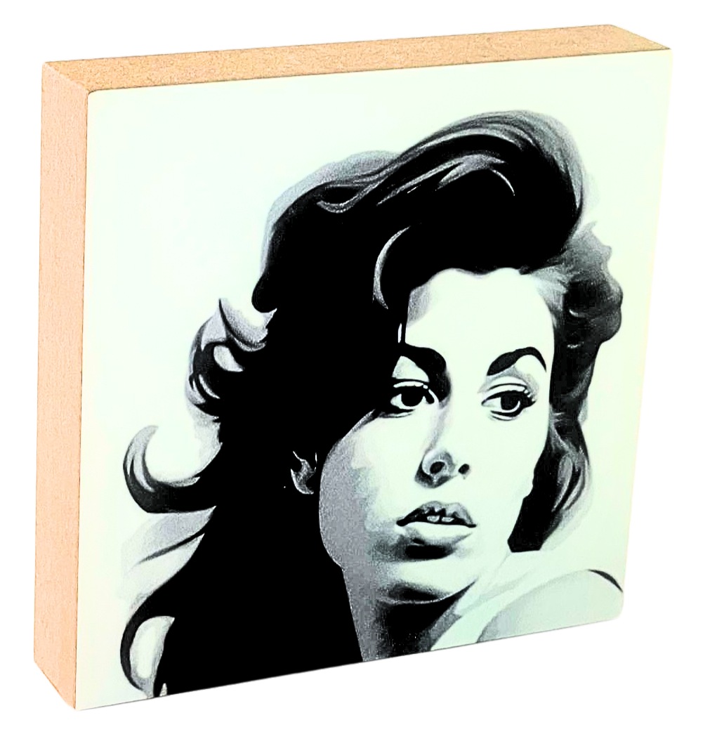Holzbild 10 x 10 cm mit dem Gesicht von Amy Winehouse