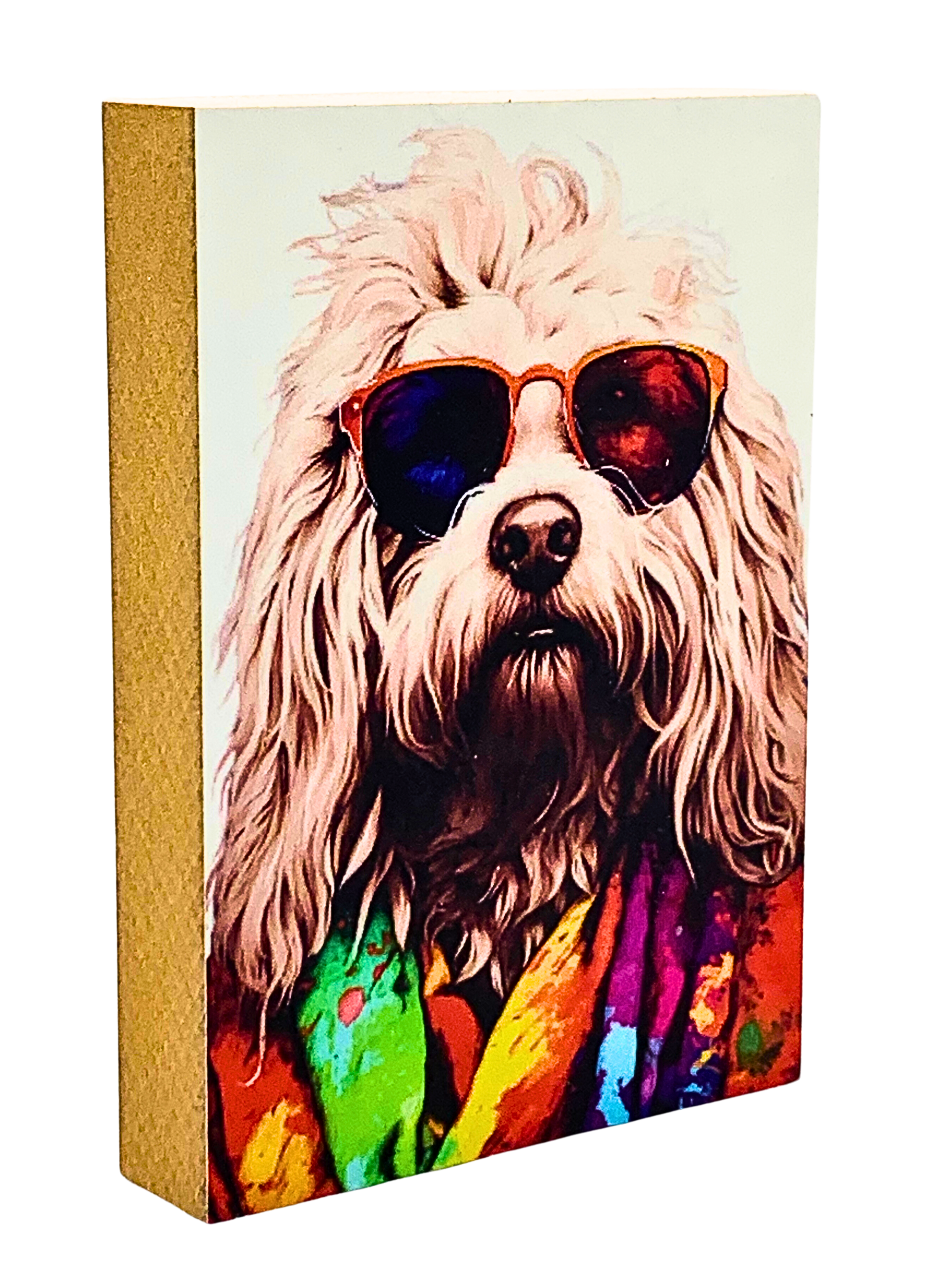 Holzbild 8,5 x 12 cm mit dem Kopf eines langhaarigen Komodors im Hippie-Look mt Sonnenbrille und bunter Kleidung.
