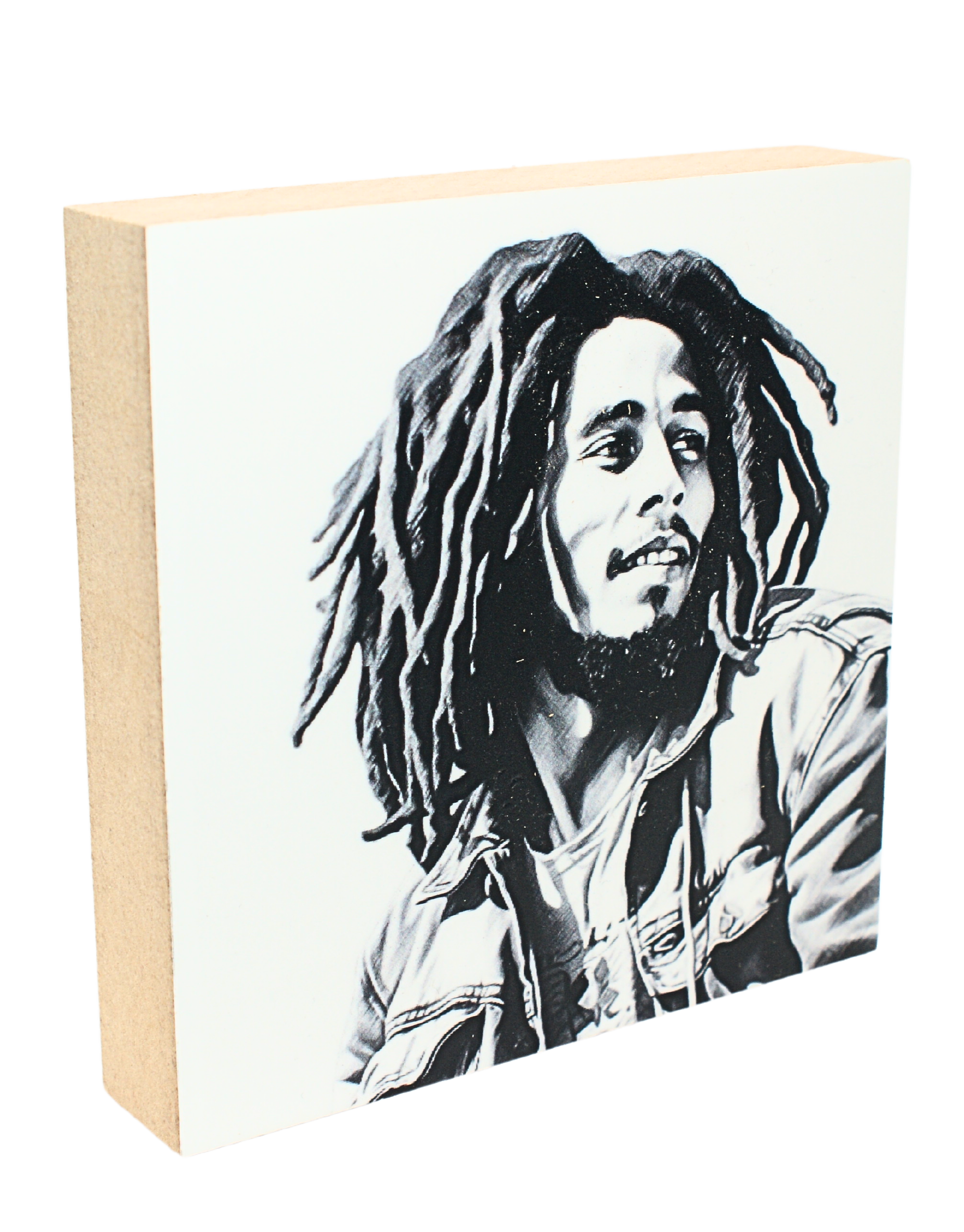 Holzbild 10 x 10 cm mit der Abbildung von Bob Marley