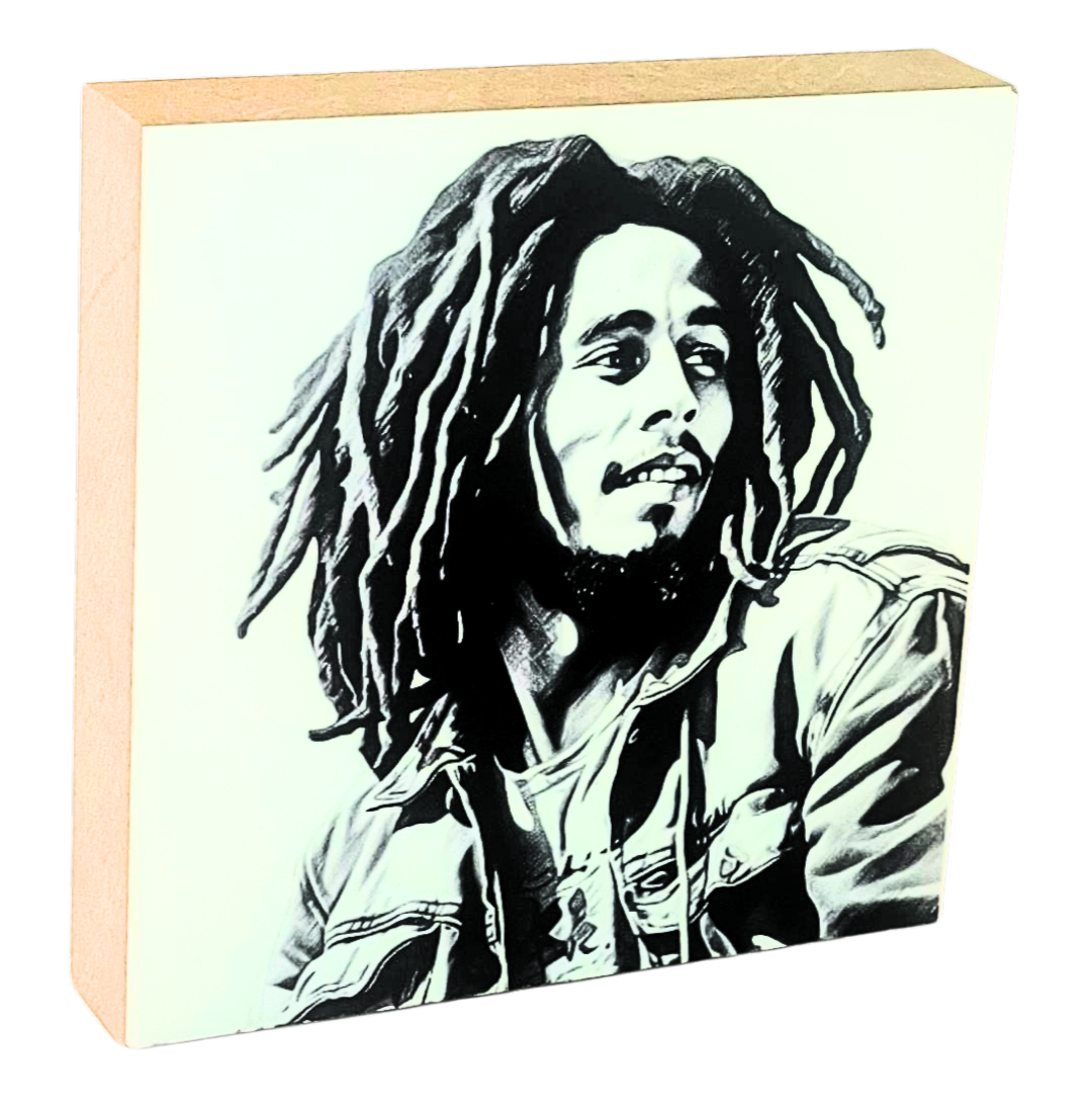 Holzbild 10 x 10 cm mit der Abbildung von Bob Marley