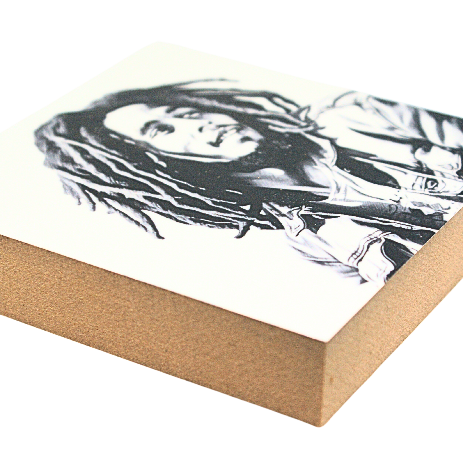 Liegende Ansicht Holzbild mit der Abbildung von Bob Marley