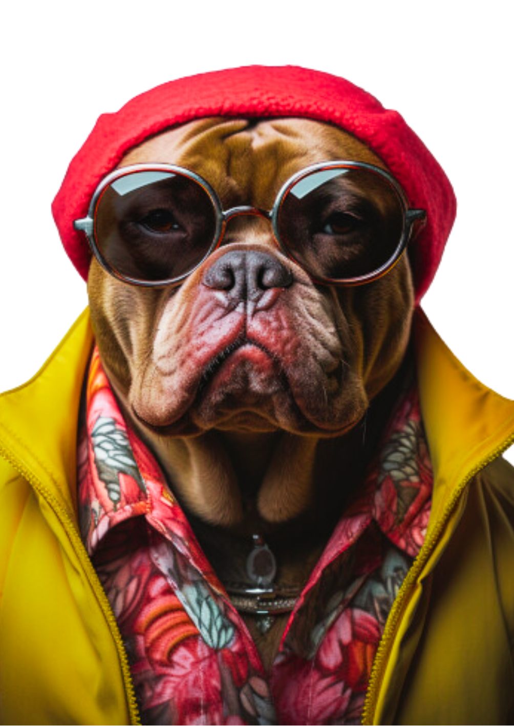 Vollbild Motiv Mastino Rüde mit Mütze und Sonnenbrille.