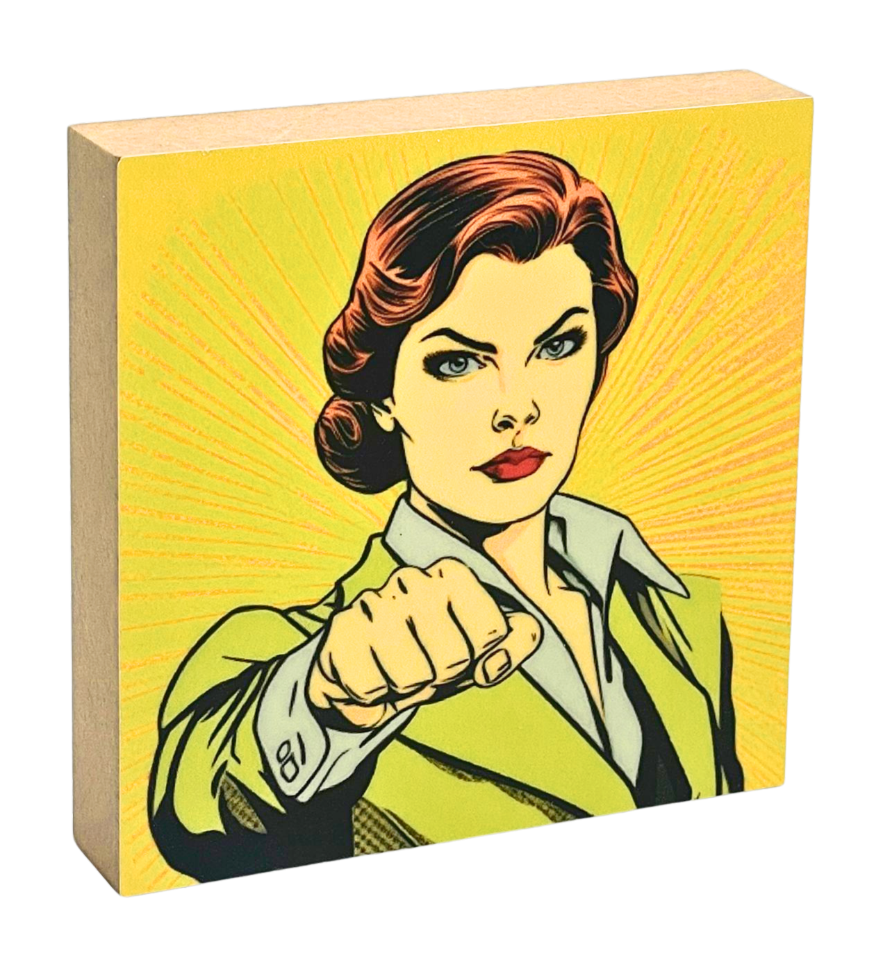 Holzbild 10 x 10 cm, Pop Art Motiv mit gelbem Hintergrund, Frau mit geballter Faust