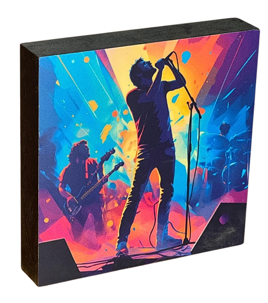 Holzbild 10 x 10 cm mit Motiv eines Saengers in Neon-Farben