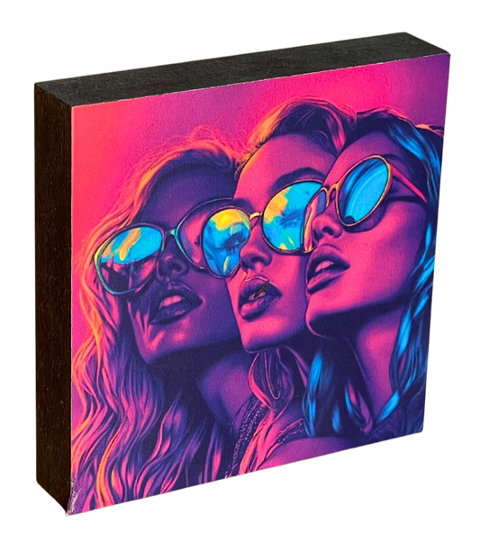 Holzbild 10 x 10 cm mit drei Frauenköpfen in Neon-Farben