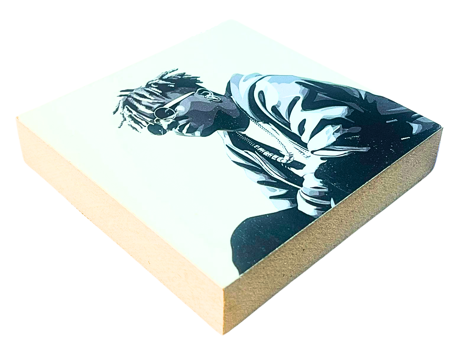 Liegende Ansicht Holzbild mit dem Abbild von Juice Wrld