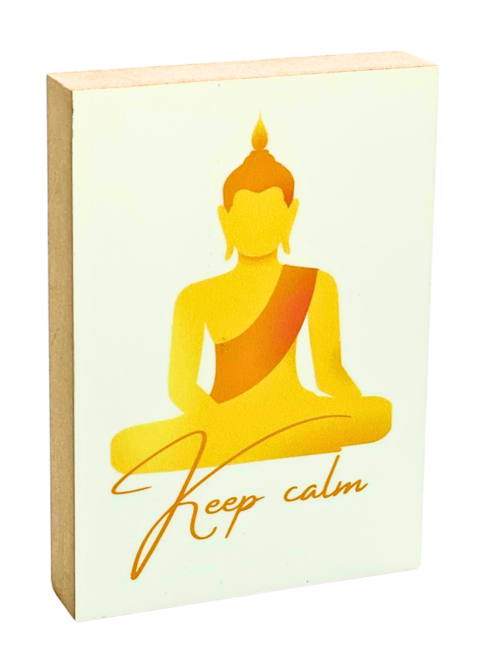 Holzbild 8,5 x 12 cm mit der Abbildung eines sitzenden Buddhas und dem Schriftzug "Keep calm" in Gelb- und Orangetönen auf weißem Hintergrund