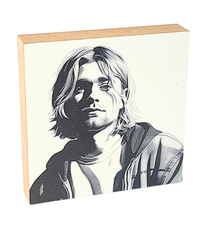 Holzbild 10 x 10 cm mit einem Portrait von Kurt Cobain.