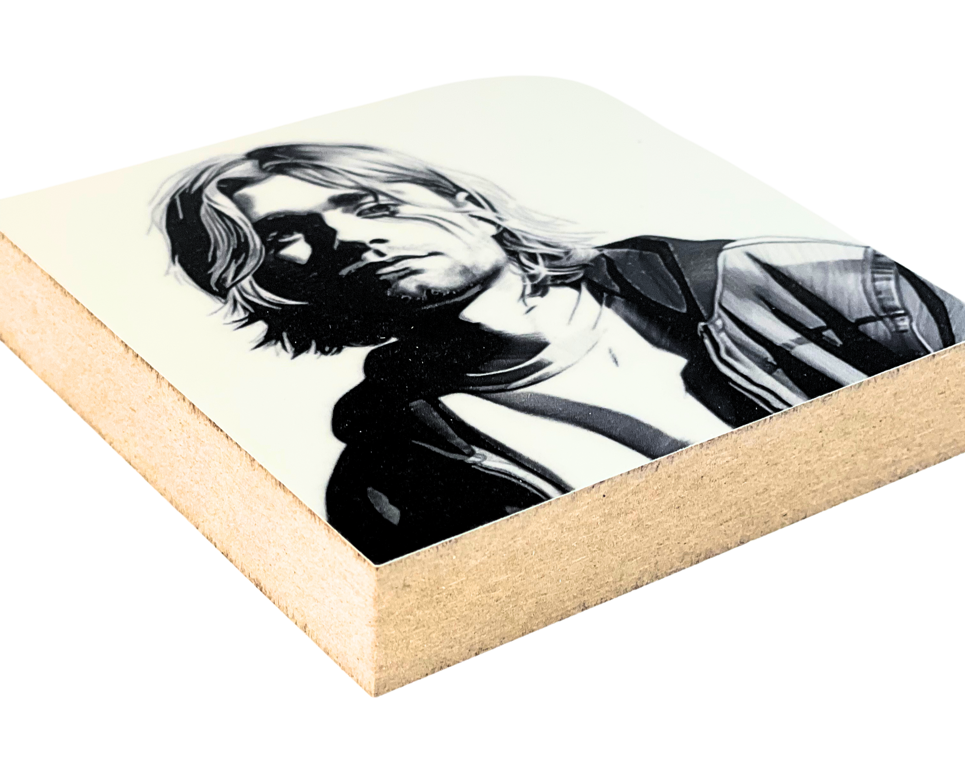 Liegende Ansicht Holzbild 10 x 10 cm mit einem Portrait von Kurt Cobain.