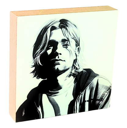 Holzbild 10 x 10 cm mit einem Portrait von Kurt Cobain.