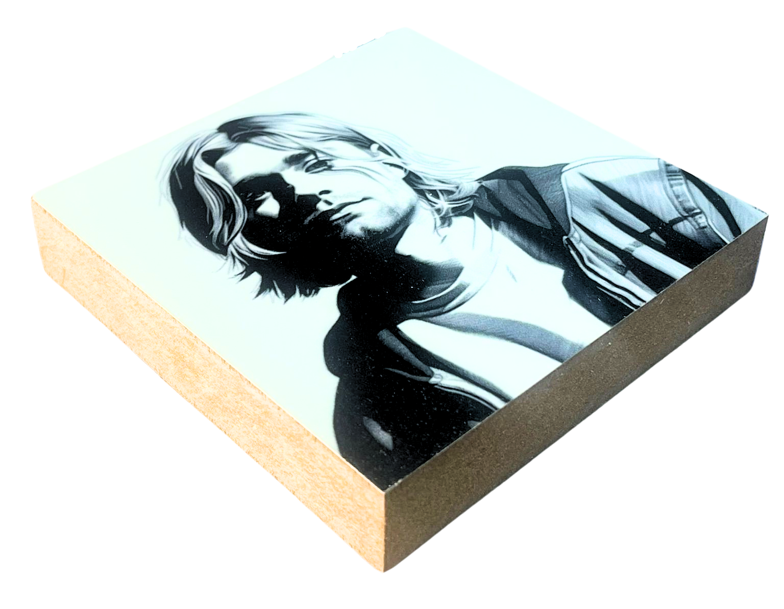 Liegende Ansicht Holzbild 10 x 10 cm mit einem Portrait von Kurt Cobain.