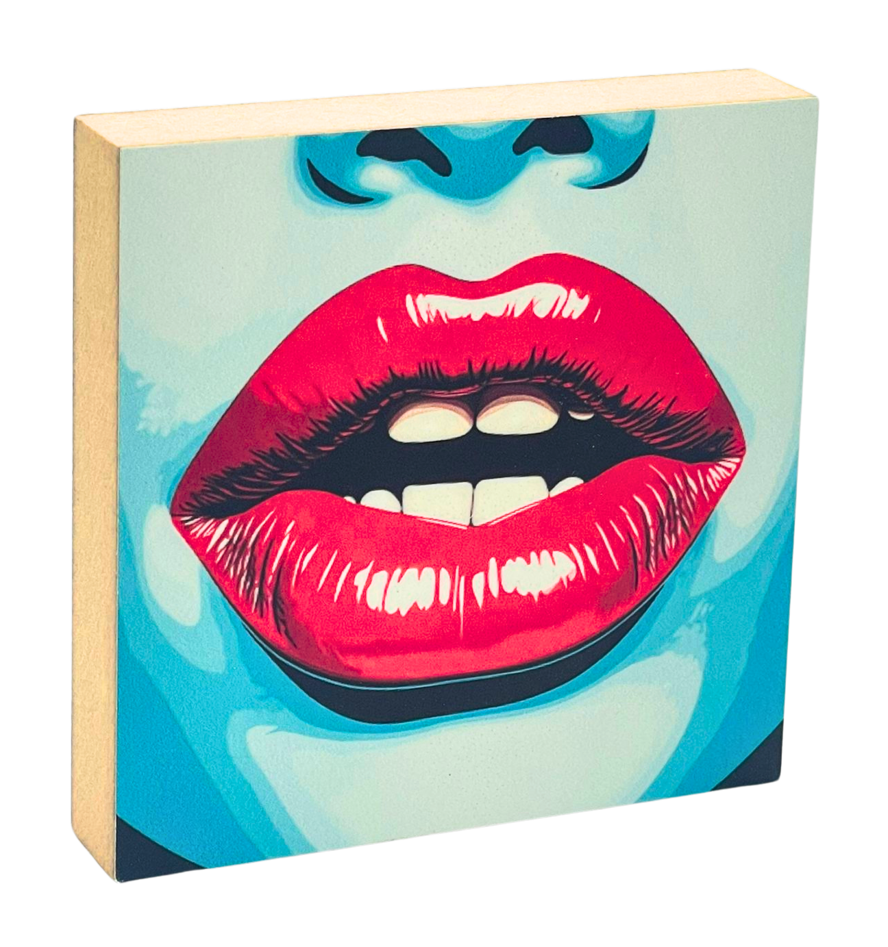 Pop Art Holzbild Lips – buntes Motiv, 10 x 10 cm, moderne Wanddeko