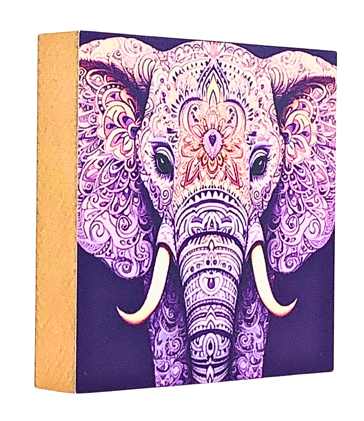 Holzbild 10 x 10 cm mit Elefant mit aufwendigen Mandala-Mustern in Lila-Tönen