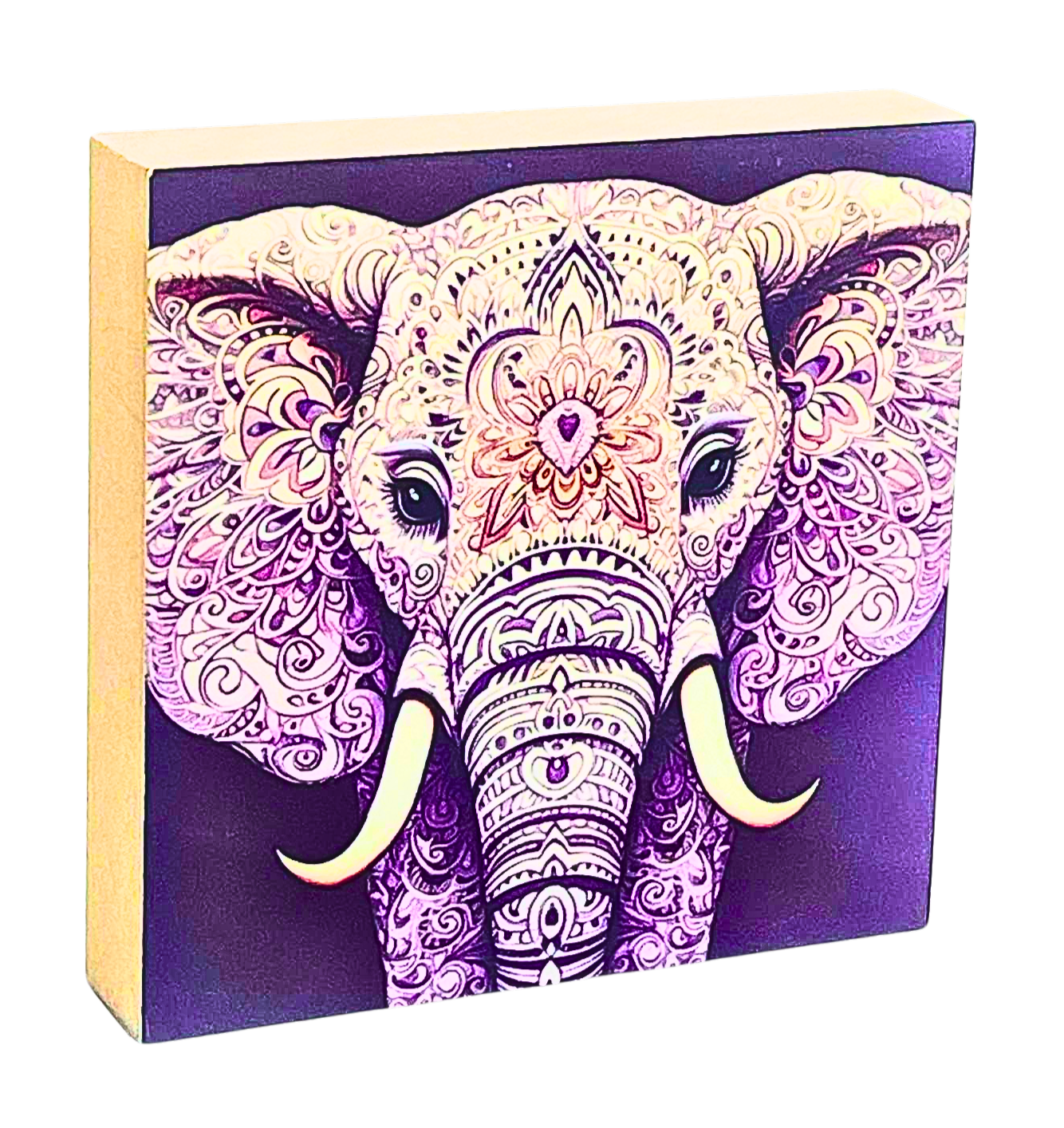 Holzbild 10 x 10 cm mit Elefant mit aufwendigen Mandala-Mustern in Lila-Tönen