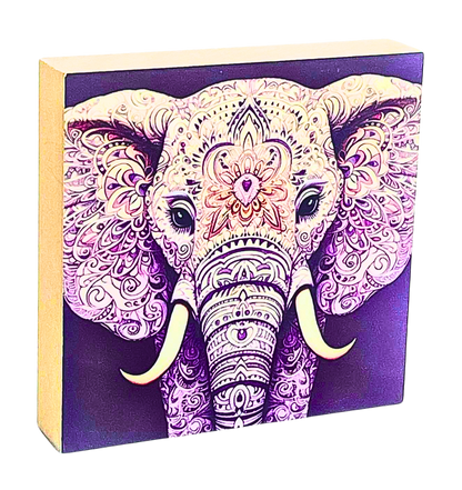 Holzbild 10 x 10 cm mit Elefant mit aufwendigen Mandala-Mustern in Lila-Tönen