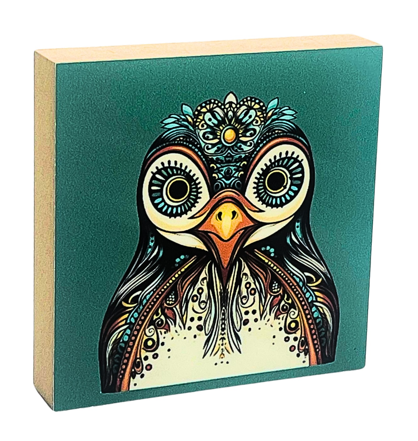 Holzbild 10 x 10 cm mit grünem Hintergrund und Pinguin Kopf mit bunten Mandala-Mustern