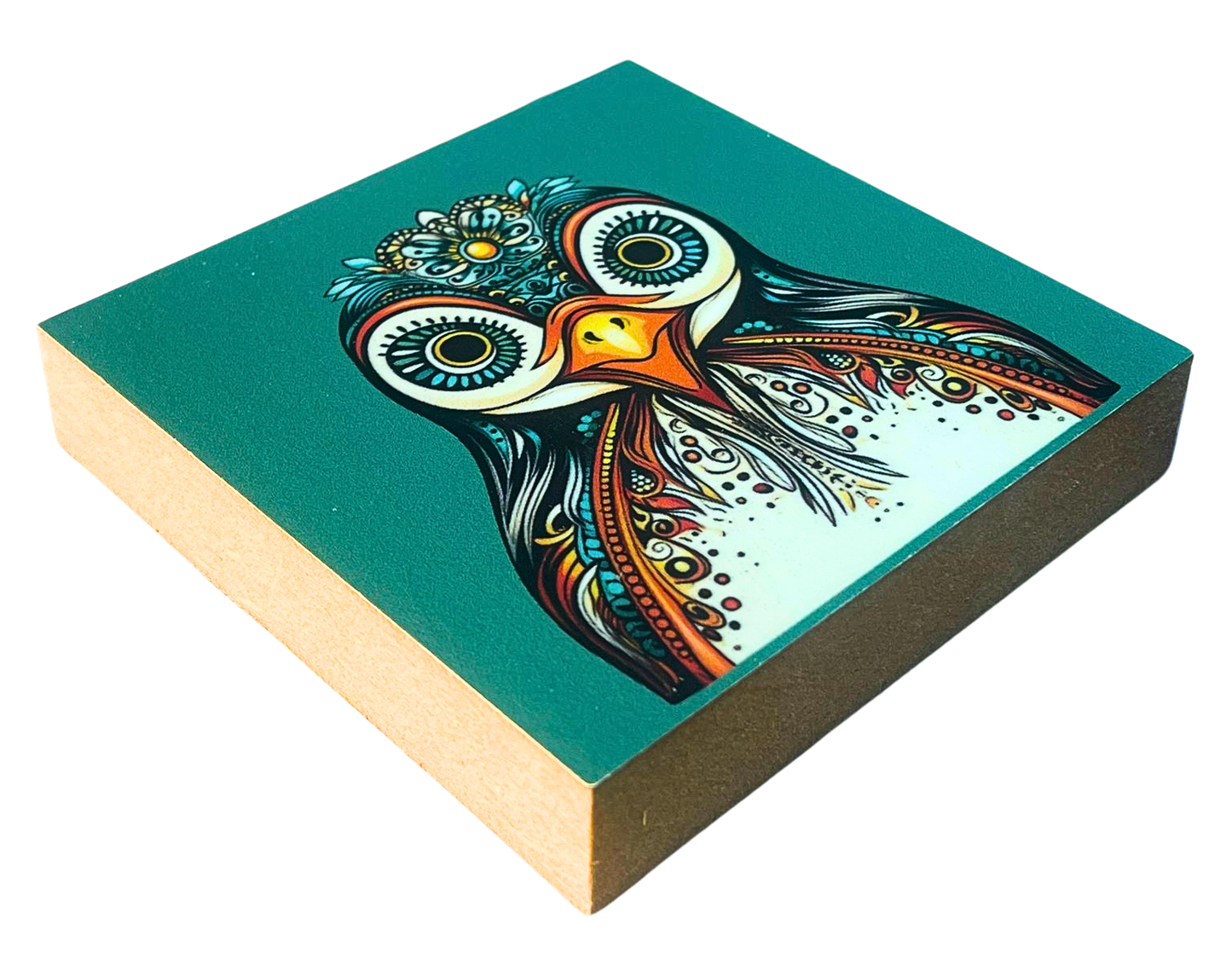 Liegende Ansicht Holzbild mit orangefarbenem Hintergrund und Giraffenkopf mit bunten Mandala-Mustern