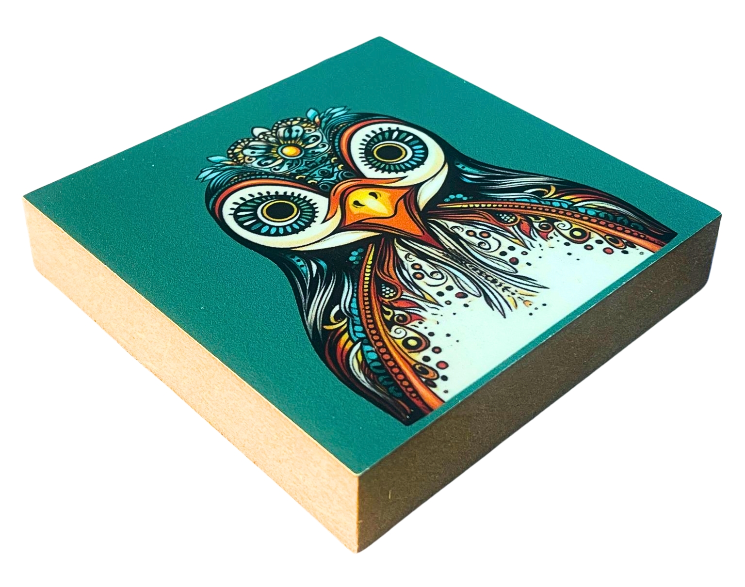 Liegende Ansicht Holzbild mit orangefarbenem Hintergrund und Giraffenkopf mit bunten Mandala-Mustern