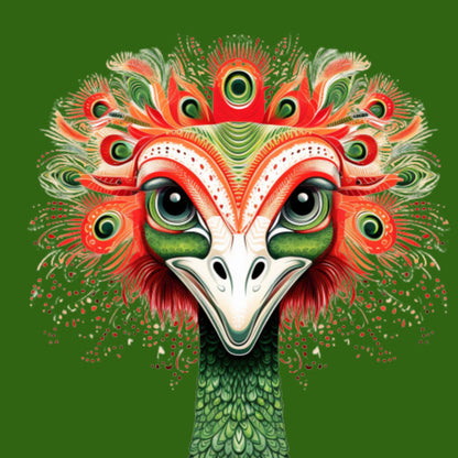 Vollbild Motiv Holzbild mit grünem Hintergrund und Kopf und Hals eines lächelnden Vogel Strauß mit bunten Mandala-Mustern