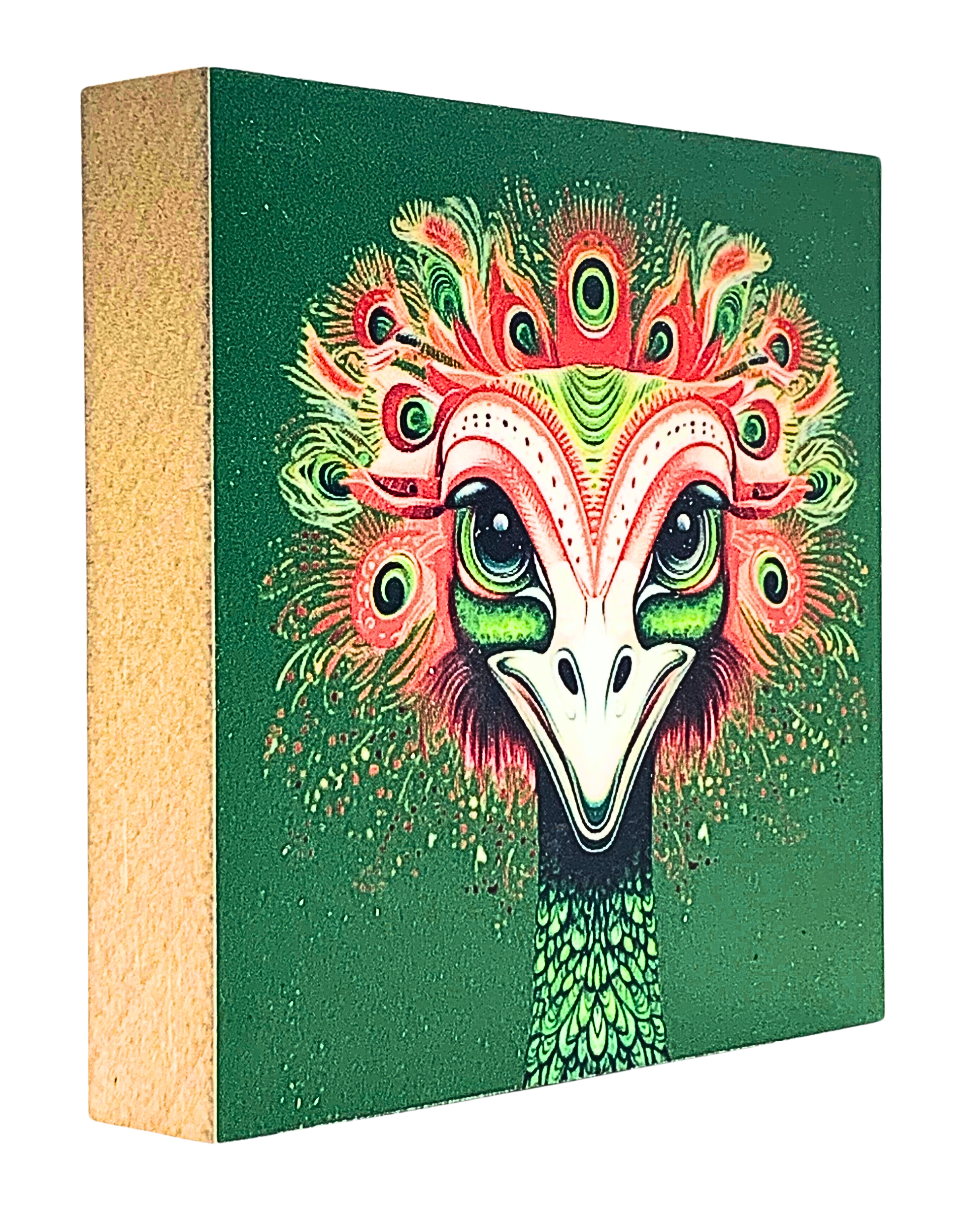 Holzbild 10 x 10 cm mit grünem Hintergrund und Kopf eines lächelnden Vogel Strauß mit bunten Mandala-Mustern