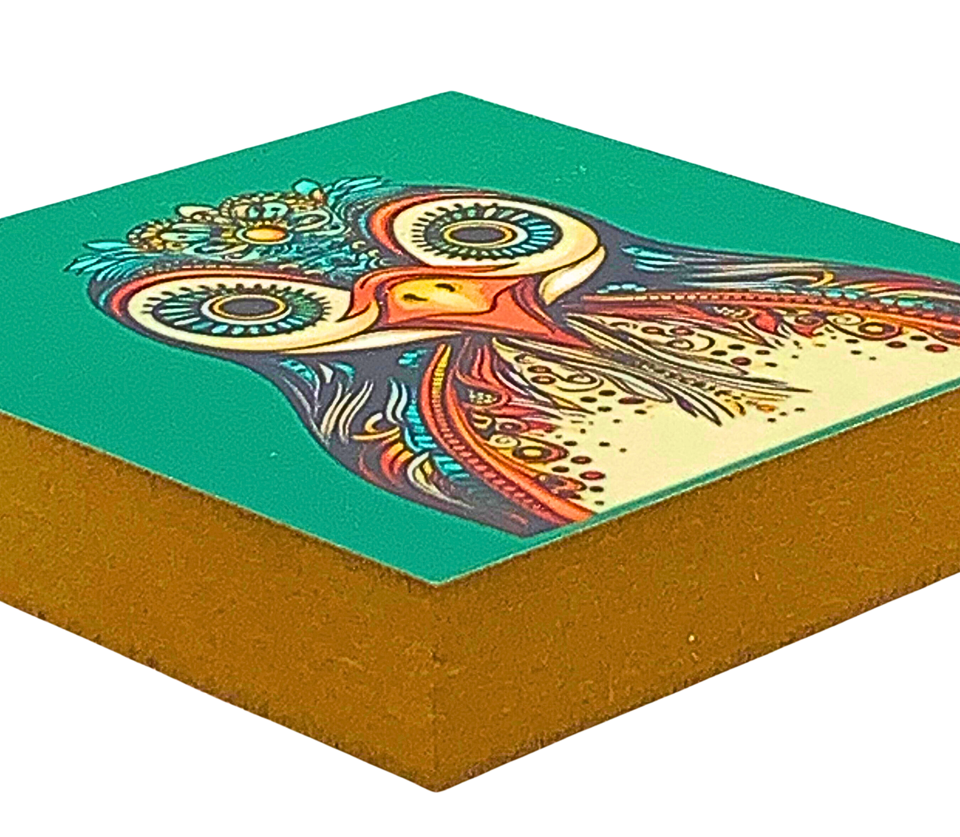 Liegende Ansicht Holzbild mit orangefarbenem Hintergrund und Giraffenkopf mit bunten Mandala-Mustern