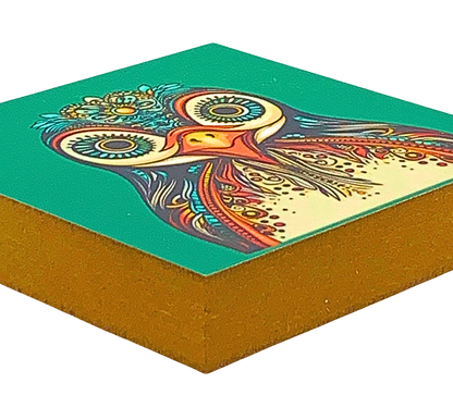 Liegende Ansicht Holzbild mit orangefarbenem Hintergrund und Giraffenkopf mit bunten Mandala-Mustern