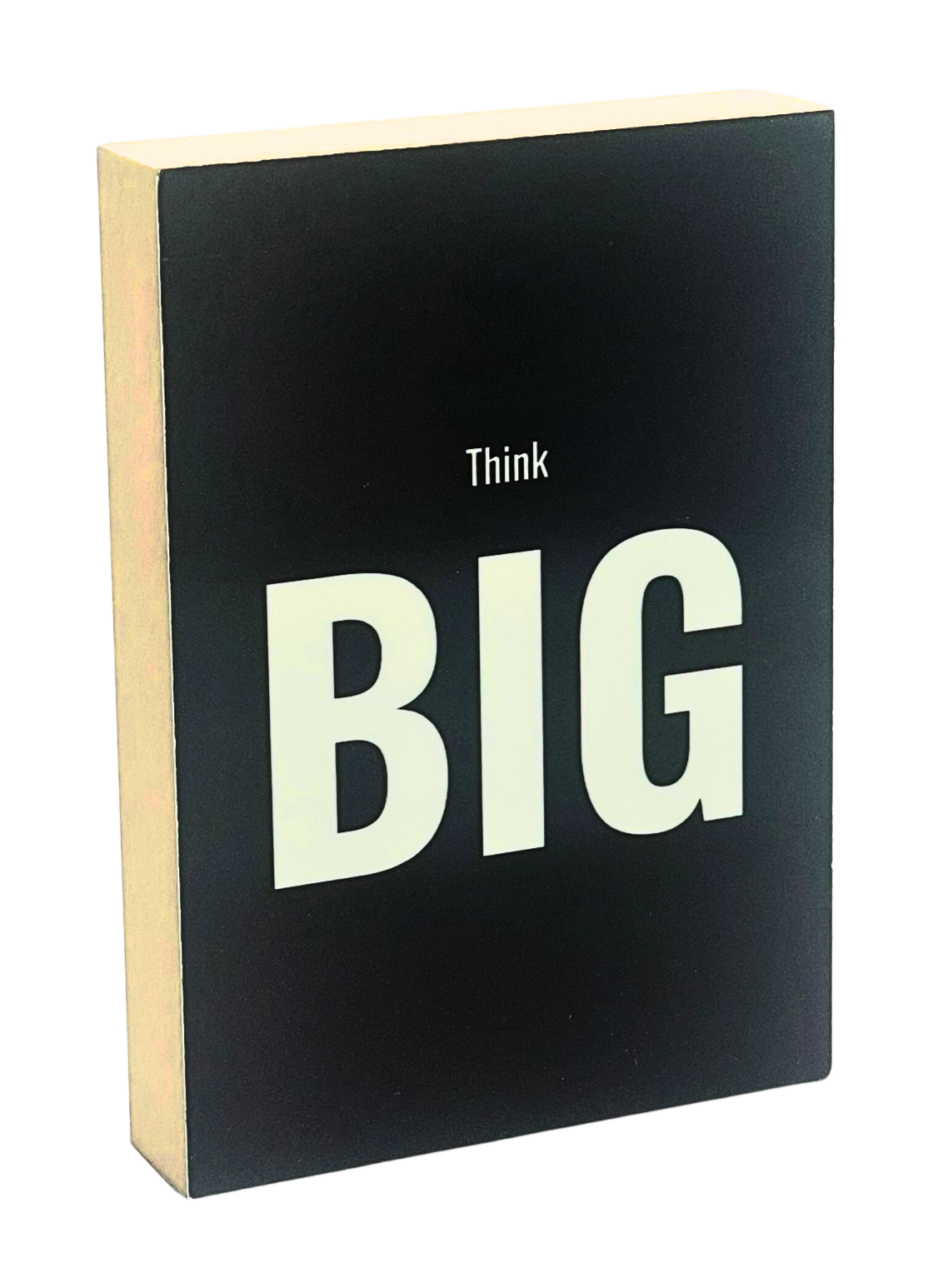 Holzbild 8,5 x 12 cm weiße Schrift auf schwarzem Hintergrund "Think big".