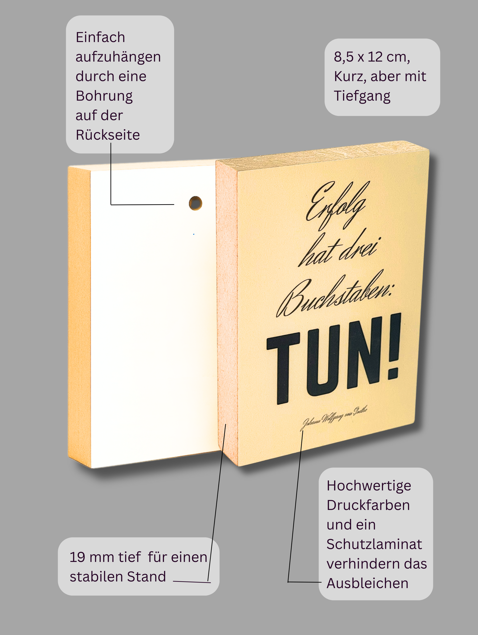 Vorder- und Rückseite Holzbild "Erfolg hat drei Buchstaben: Tun!" mit Aufzählung der Produktvorteile