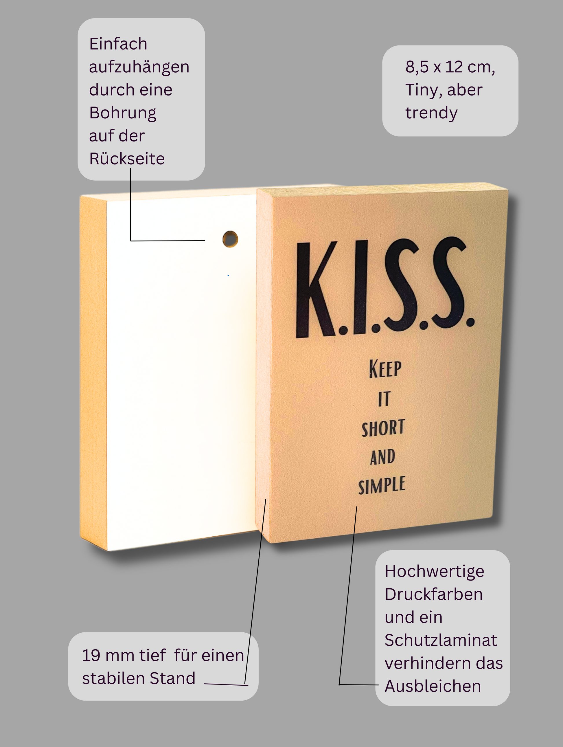 Vorder- und Rückseite Holzbild "K.I.S.S." mit AUfzählung der Produktvorteile