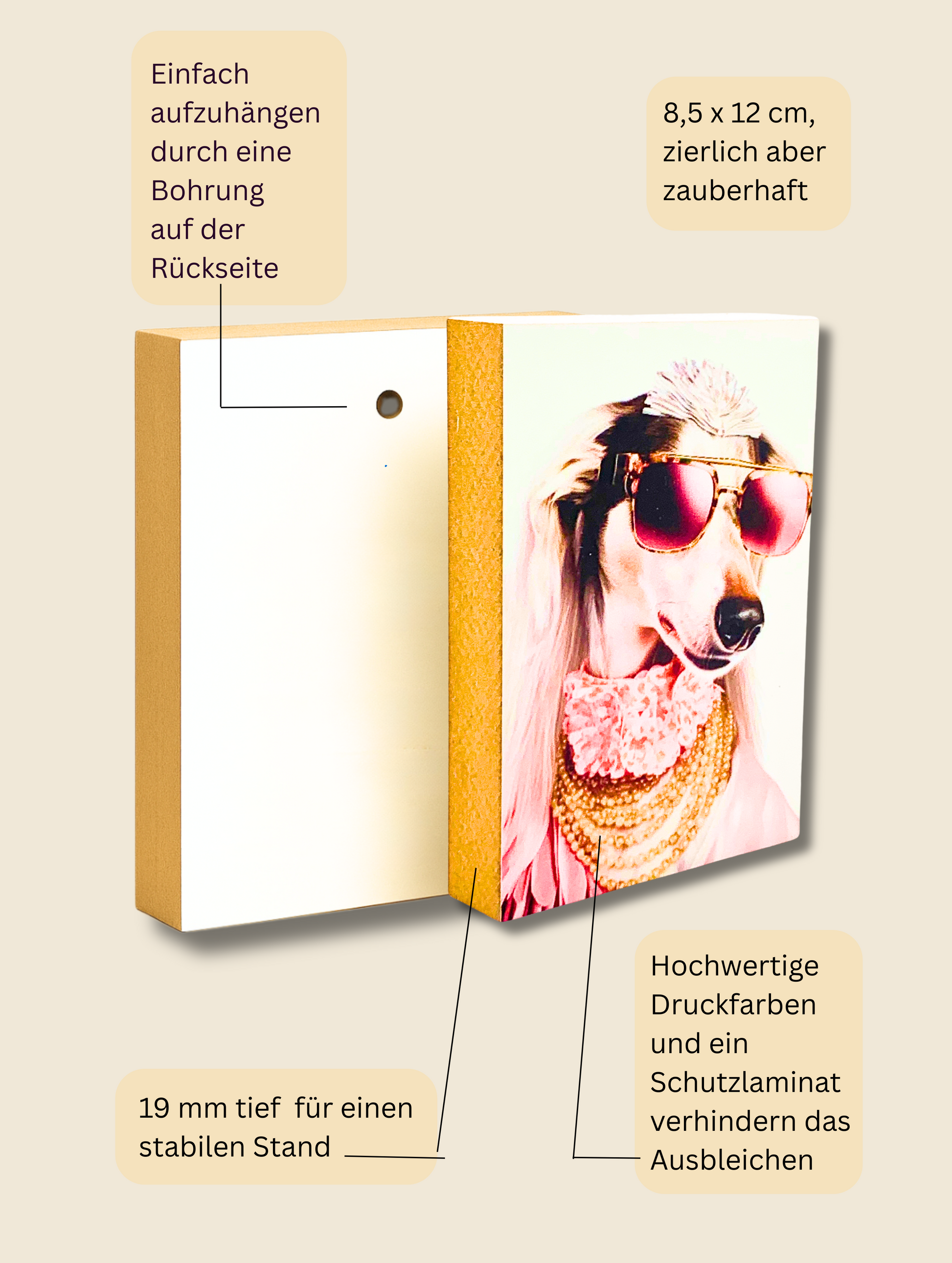 Holzbild mit dem Motiv Samantha und einer Aufzählung der Produktvorteile