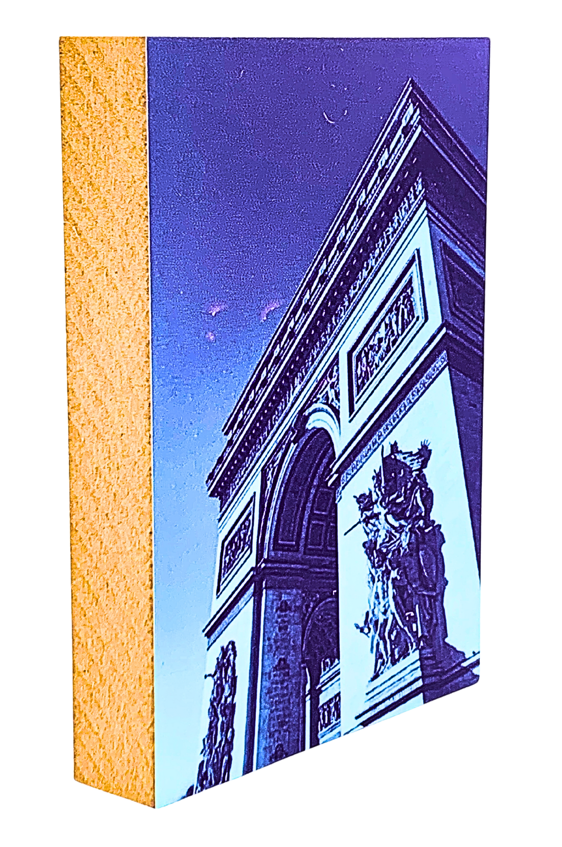 Holzbild 5 x 12 cm, zeigt eine Ansicht des Arc de Triomphe in Blautönen