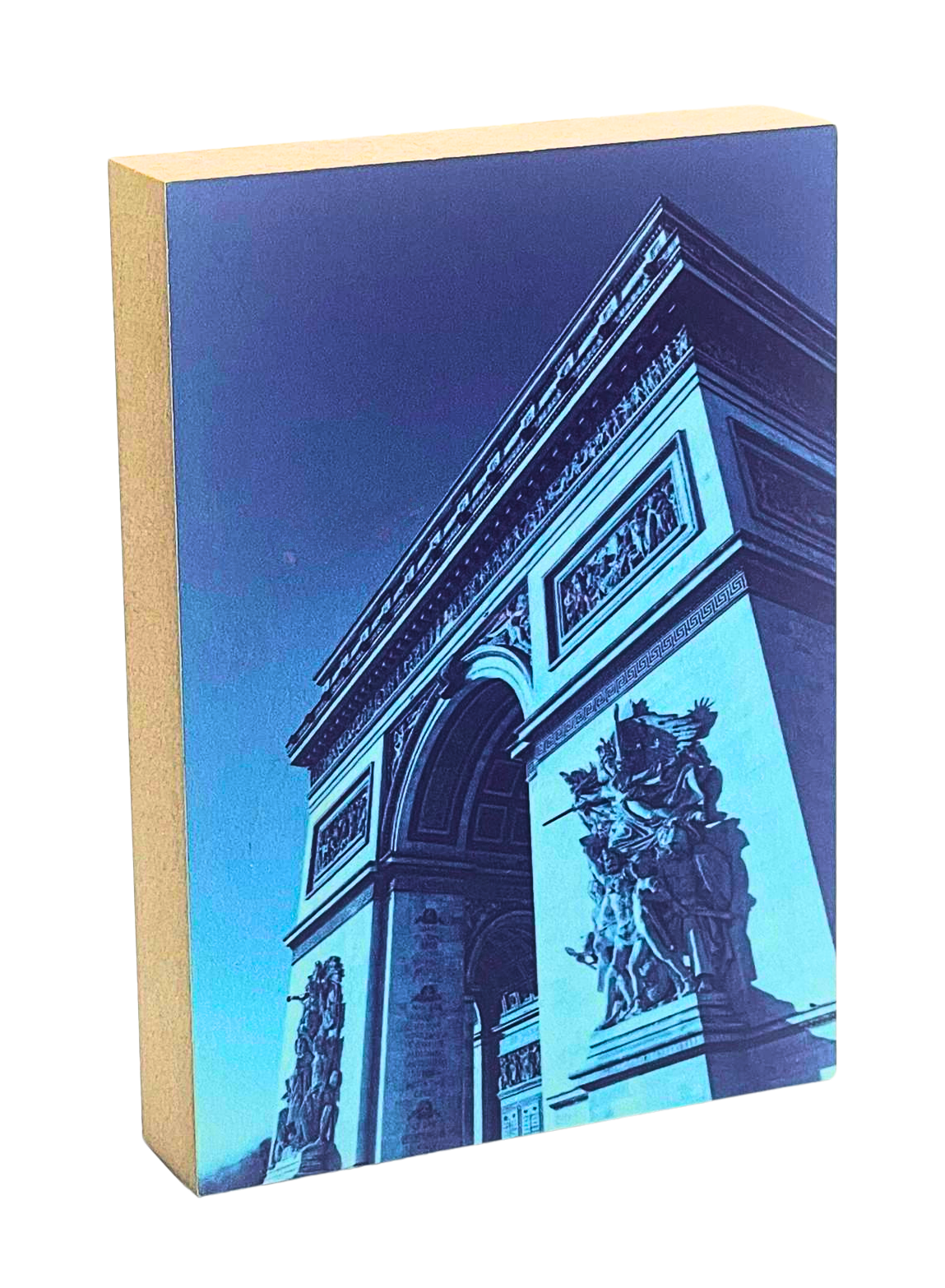 Holzbild 8,5 x 12 cm mit einem Ausschnitt des Arc de Triomphe in Blautönen