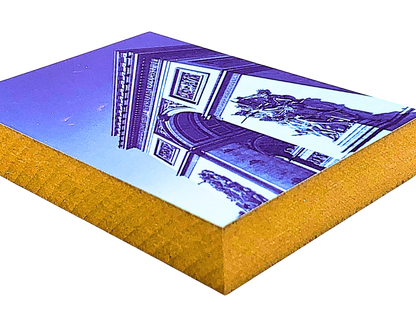 Liegende Ansicht Holzbild 5 x 12 cm, mit Arc de Triomphe in Blautönen