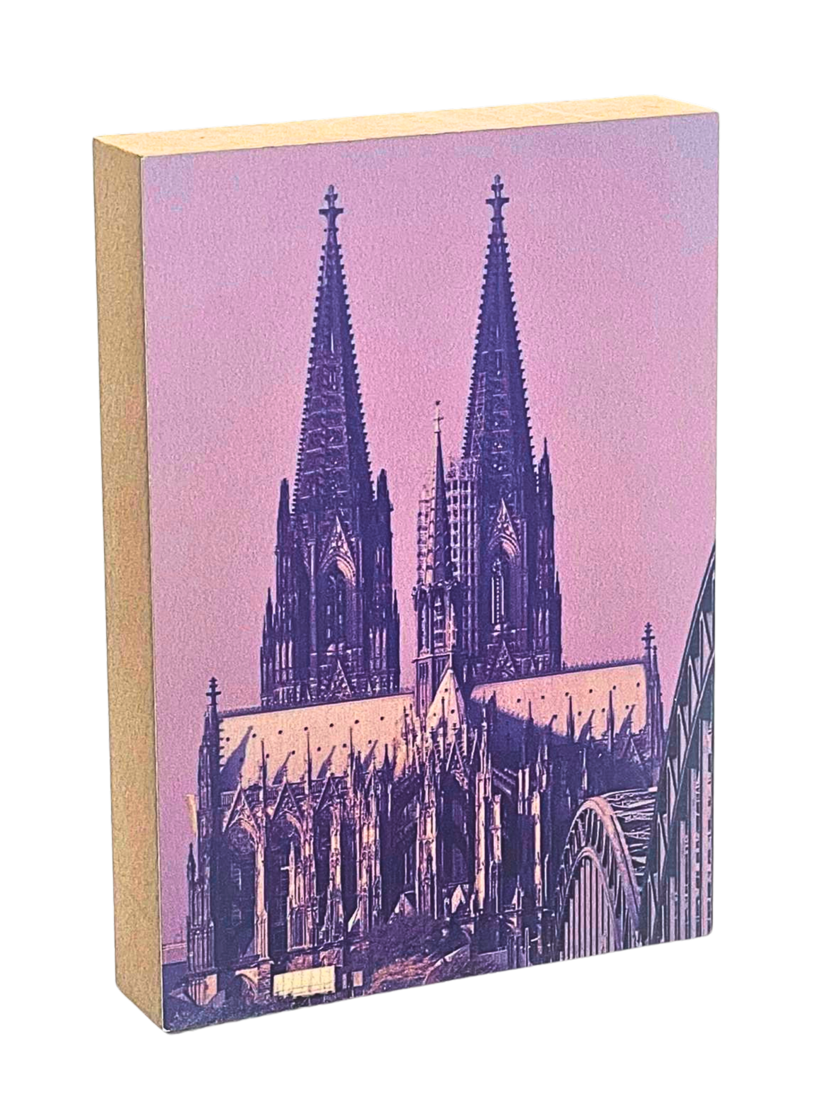 Holzbild 8, x 12 cm mit einem Ausschnitt des Kölner Doms in Violett- und Blautönen