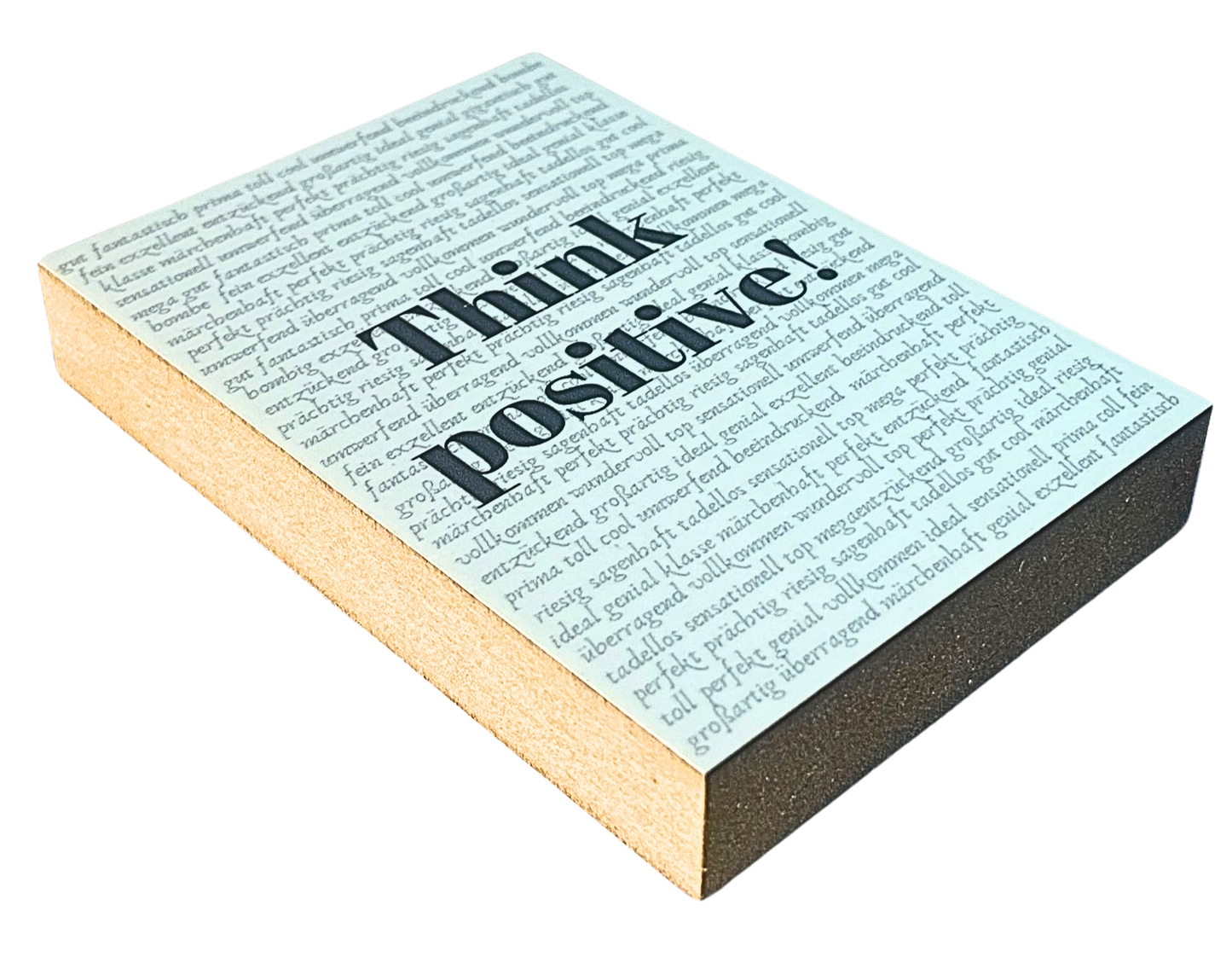 Liegende Ansicht Holzbild 8,5 x 12 cm, schwarze Schrift "Think positiv!" auf weißem Untergrund mit unzähligen positiven Adjektven