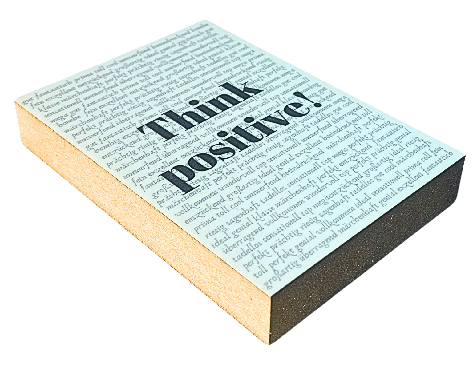 Liegende Ansicht Holzbild 8,5 x 12 cm, schwarze Schrift "Think positiv!" auf weißem Untergrund mit unzähligen positiven Adjektven