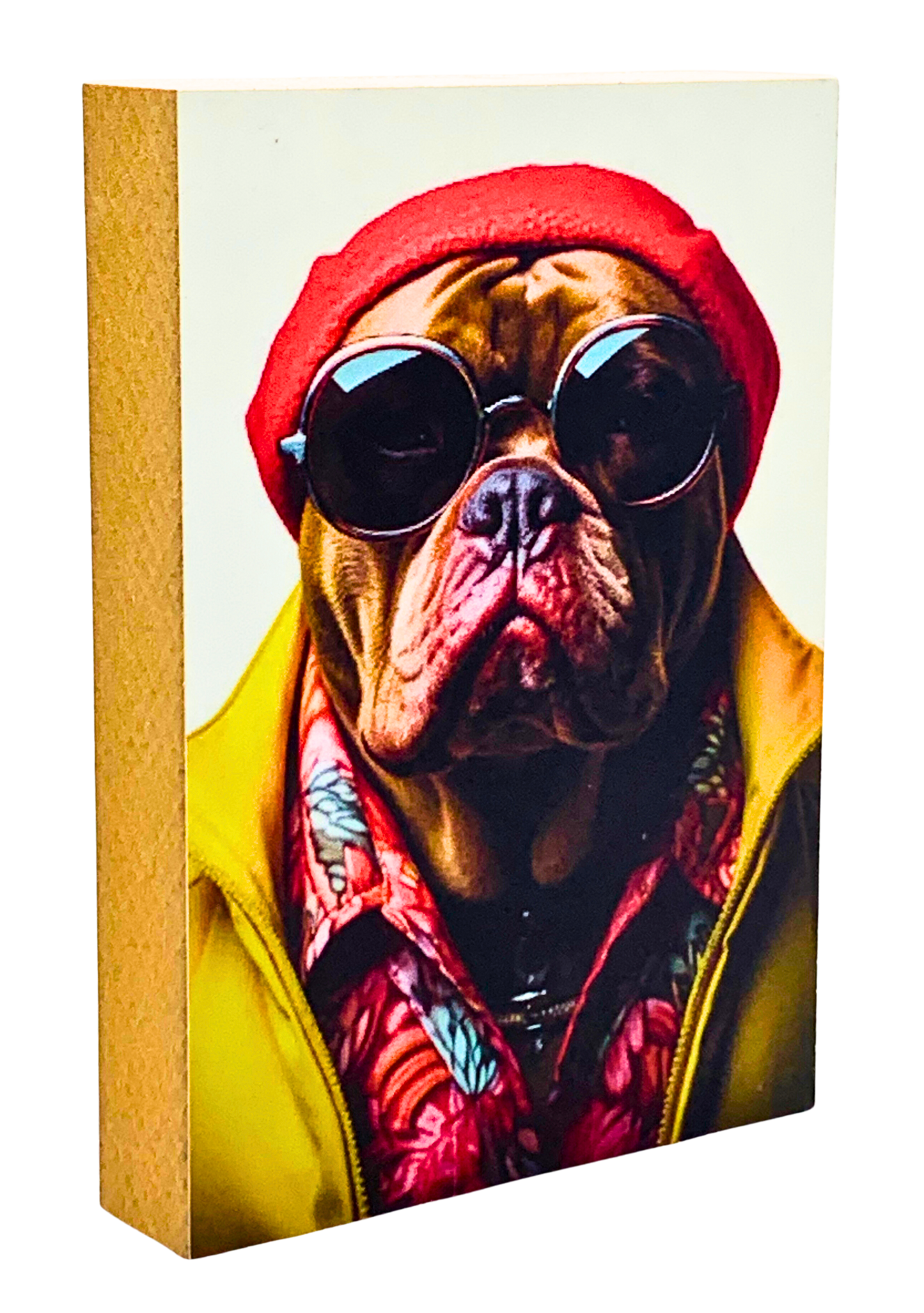 Holzbild 8,5 x 12 cm mit dem Kopf eines Mastino Rüden mit Mütze und Sonnenbrille.