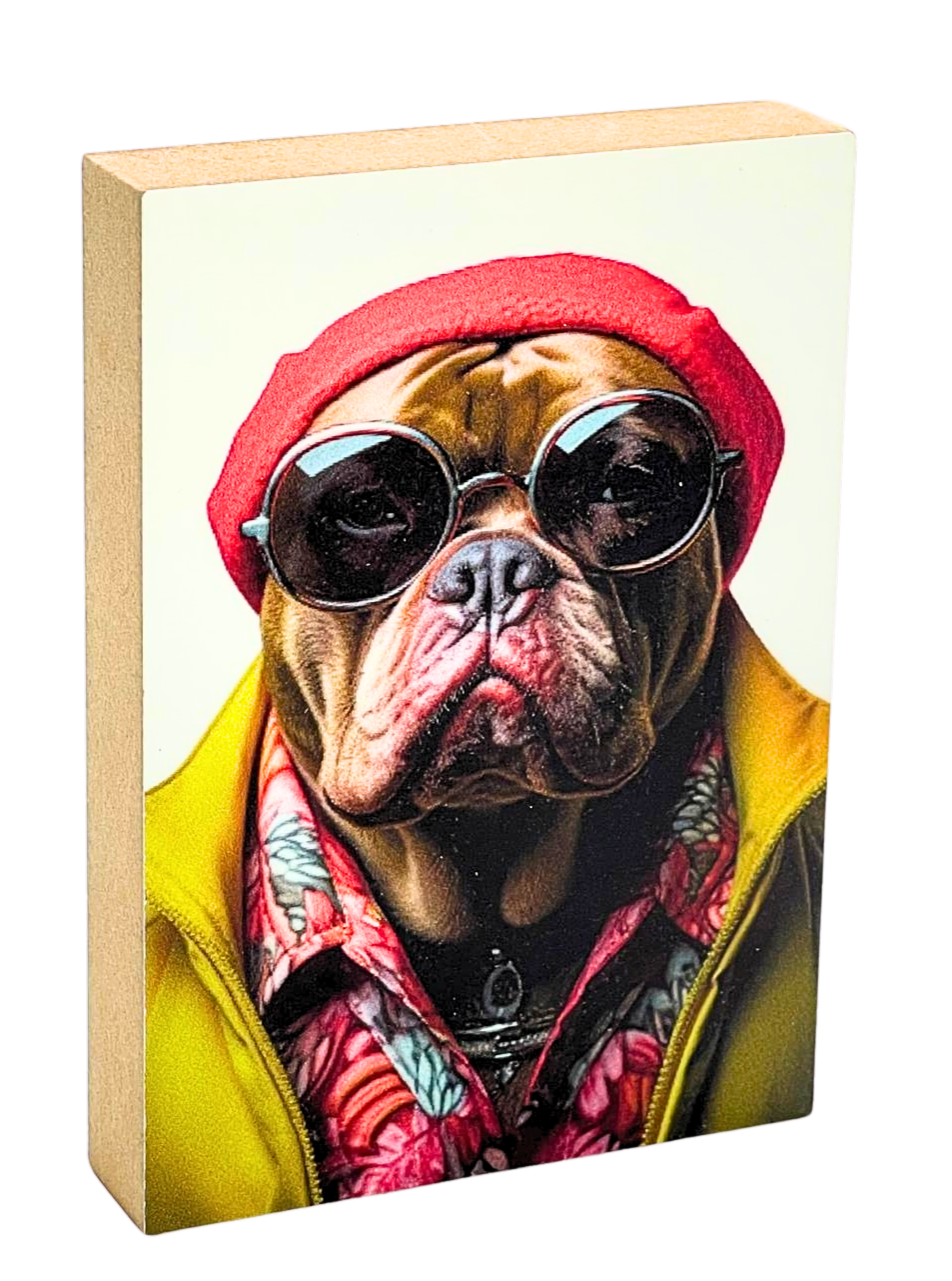 Holzbild 8,5 x 12 cm mit dem Kopf eines Mastino Rüden mit Mütze und Sonnenbrille.