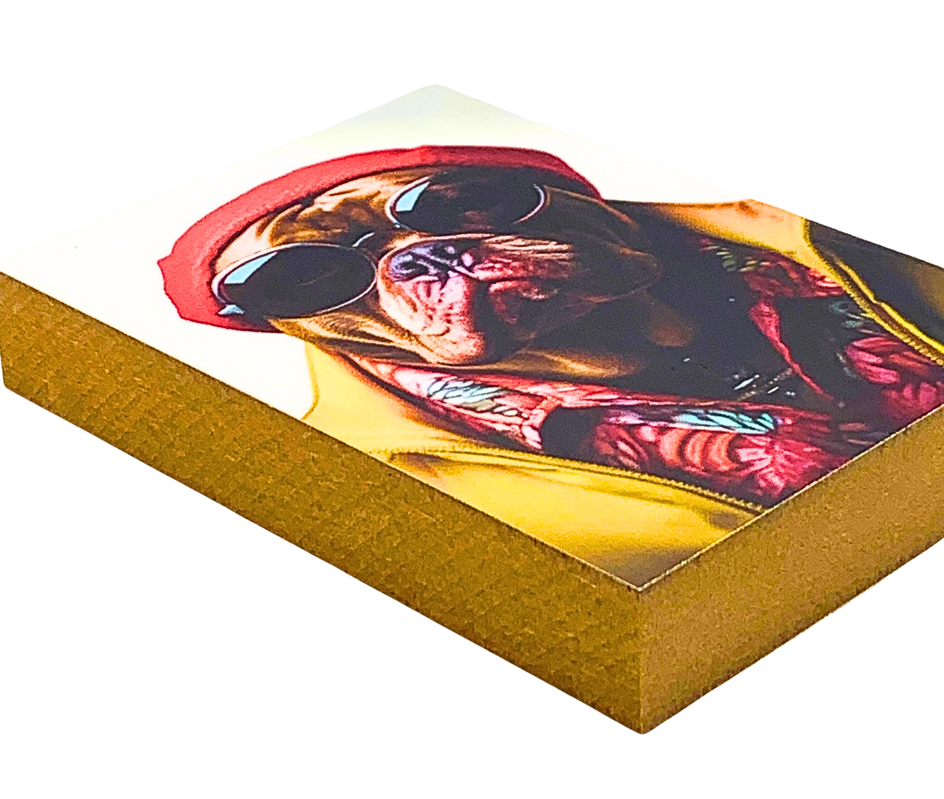 Liegende Ansicht Holzbild mit dem Kopf eines Mastino Rüden mit Mütze und Sonnenbrille.