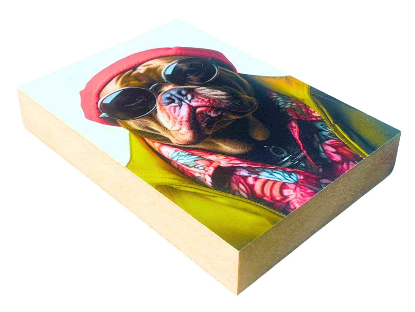 Liegende Ansicht Holzbild mit dem Kopf eines Mastino Rüden mit Mütze und Sonnenbrille.