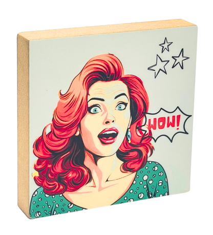 Pop Art Holzbild Wow – buntes Motiv, 10 x 10 cm, moderne Wanddeko